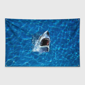 Флаг-баннер с принтом Пасть акулы в Петрозаводске, 100% полиэстер | размер 67 х 109 см, плотность ткани — 95 г/м2; по краям флага есть четыре люверса для крепления | акула | атака | белая | брызги | вода | волны | зубы | капли | море | океан | опасность | синяя | челюсти | эффект