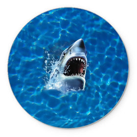 Коврик круглый с принтом Пасть акулы в Петрозаводске, резина и полиэстер | круглая форма, изображение наносится на всю лицевую часть | акула | атака | белая | брызги | вода | волны | зубы | капли | море | океан | опасность | синяя | челюсти | эффект