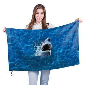 Флаг 3D с принтом Пасть акулы в Петрозаводске, 100% полиэстер | плотность ткани — 95 г/м2, размер — 67 х 109 см. Принт наносится с одной стороны | Тематика изображения на принте: акула | атака | белая | брызги | вода | волны | зубы | капли | море | океан | опасность | синяя | челюсти | эффект