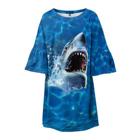 Детское платье 3D с принтом Пасть акулы в Петрозаводске, 100% полиэстер | прямой силуэт, чуть расширенный к низу. Круглая горловина, на рукавах — воланы | акула | атака | белая | брызги | вода | волны | зубы | капли | море | океан | опасность | синяя | челюсти | эффект