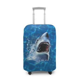 Чехол для чемодана 3D с принтом Пасть акулы в Петрозаводске, 86% полиэфир, 14% спандекс | двустороннее нанесение принта, прорези для ручек и колес | акула | атака | белая | брызги | вода | волны | зубы | капли | море | океан | опасность | синяя | челюсти | эффект