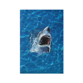 Обложка для паспорта матовая кожа с принтом Пасть акулы в Петрозаводске, натуральная матовая кожа | размер 19,3 х 13,7 см; прозрачные пластиковые крепления | акула | атака | белая | брызги | вода | волны | зубы | капли | море | океан | опасность | синяя | челюсти | эффект