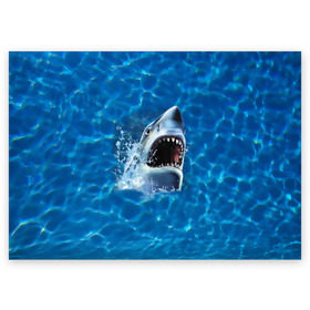 Поздравительная открытка с принтом Пасть акулы в Петрозаводске, 100% бумага | плотность бумаги 280 г/м2, матовая, на обратной стороне линовка и место для марки
 | акула | атака | белая | брызги | вода | волны | зубы | капли | море | океан | опасность | синяя | челюсти | эффект