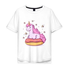 Мужская футболка хлопок Oversize с принтом Единорог в Петрозаводске, 100% хлопок | свободный крой, круглый ворот, “спинка” длиннее передней части | Тематика изображения на принте: donut | pink | star | unicorn | единорог | звезды | конь | милота | пончик | сказка