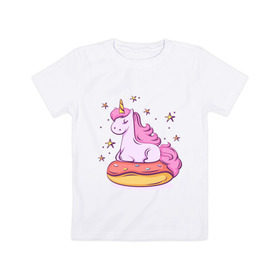 Детская футболка хлопок с принтом Единорог в Петрозаводске, 100% хлопок | круглый вырез горловины, полуприлегающий силуэт, длина до линии бедер | Тематика изображения на принте: donut | pink | star | unicorn | единорог | звезды | конь | милота | пончик | сказка