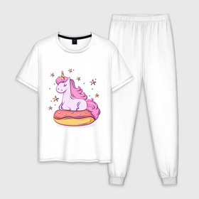 Мужская пижама хлопок с принтом Единорог в Петрозаводске, 100% хлопок | брюки и футболка прямого кроя, без карманов, на брюках мягкая резинка на поясе и по низу штанин
 | donut | pink | star | unicorn | единорог | звезды | конь | милота | пончик | сказка