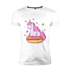 Мужская футболка премиум с принтом Единорог в Петрозаводске, 92% хлопок, 8% лайкра | приталенный силуэт, круглый вырез ворота, длина до линии бедра, короткий рукав | donut | pink | star | unicorn | единорог | звезды | конь | милота | пончик | сказка