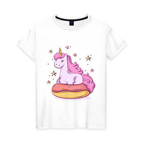 Женская футболка хлопок с принтом Единорог в Петрозаводске, 100% хлопок | прямой крой, круглый вырез горловины, длина до линии бедер, слегка спущенное плечо | donut | pink | star | unicorn | единорог | звезды | конь | милота | пончик | сказка