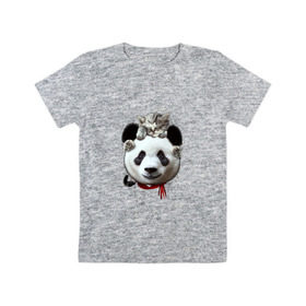 Детская футболка хлопок с принтом Панда и котенок в Петрозаводске, 100% хлопок | круглый вырез горловины, полуприлегающий силуэт, длина до линии бедер | Тематика изображения на принте: cat | panda | добро | друг | животные | кот | котенок | кошка | лучший | медведь | милый | мишка | нежный | панда