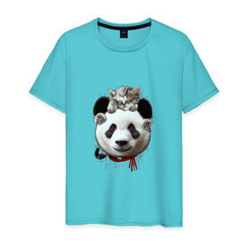 Мужская футболка хлопок с принтом Панда и котенок в Петрозаводске, 100% хлопок | прямой крой, круглый вырез горловины, длина до линии бедер, слегка спущенное плечо. | cat | panda | добро | друг | животные | кот | котенок | кошка | лучший | медведь | милый | мишка | нежный | панда