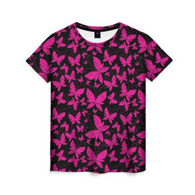 Женская футболка 3D с принтом Розовые бабочки в Петрозаводске, 100% полиэфир ( синтетическое хлопкоподобное полотно) | прямой крой, круглый вырез горловины, длина до линии бедер | butterflies | pink | бабочки | красота | крылья | нежность | орнамент | розовый | узор