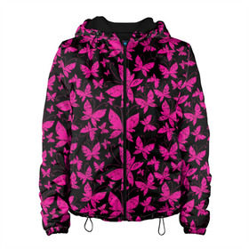 Женская куртка 3D с принтом Розовые бабочки в Петрозаводске, ткань верха — 100% полиэстер, подклад — флис | прямой крой, подол и капюшон оформлены резинкой с фиксаторами, два кармана без застежек по бокам, один большой потайной карман на груди. Карман на груди застегивается на липучку | butterflies | pink | бабочки | красота | крылья | нежность | орнамент | розовый | узор