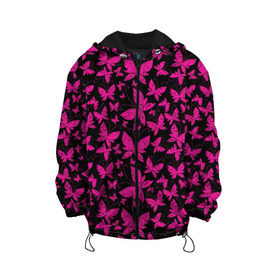 Детская куртка 3D с принтом Розовые бабочки в Петрозаводске, 100% полиэстер | застежка — молния, подол и капюшон оформлены резинкой с фиксаторами, по бокам — два кармана без застежек, один потайной карман на груди, плотность верхнего слоя — 90 г/м2; плотность флисового подклада — 260 г/м2 | Тематика изображения на принте: butterflies | pink | бабочки | красота | крылья | нежность | орнамент | розовый | узор