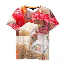 Мужская футболка 3D с принтом Роллы в Петрозаводске, 100% полиэфир | прямой крой, круглый вырез горловины, длина до линии бедер | Тематика изображения на принте: еда | роллы | суши