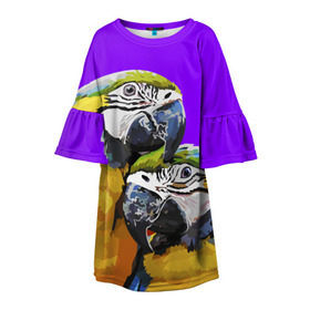 Детское платье 3D с принтом Попугайчики в Петрозаводске, 100% полиэстер | прямой силуэт, чуть расширенный к низу. Круглая горловина, на рукавах — воланы | Тематика изображения на принте: bird | животные | попугайчики | птицы | текстуры