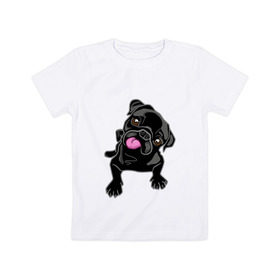 Детская футболка хлопок с принтом Забавный мопсик в Петрозаводске, 100% хлопок | круглый вырез горловины, полуприлегающий силуэт, длина до линии бедер | Тематика изображения на принте: animal | dog | pet | pug | puppy | арт | животные | милые | мопс | пес | собаки | французский бульдог