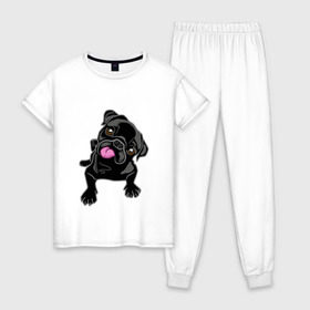 Женская пижама хлопок с принтом Забавный мопсик в Петрозаводске, 100% хлопок | брюки и футболка прямого кроя, без карманов, на брюках мягкая резинка на поясе и по низу штанин | animal | dog | pet | pug | puppy | арт | животные | милые | мопс | пес | собаки | французский бульдог