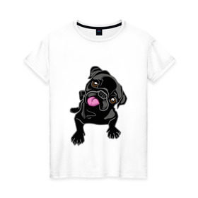 Женская футболка хлопок с принтом Забавный мопсик в Петрозаводске, 100% хлопок | прямой крой, круглый вырез горловины, длина до линии бедер, слегка спущенное плечо | Тематика изображения на принте: animal | dog | pet | pug | puppy | арт | животные | милые | мопс | пес | собаки | французский бульдог