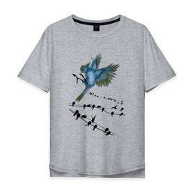 Мужская футболка хлопок Oversize с принтом Ласточка в Петрозаводске, 100% хлопок | свободный крой, круглый ворот, “спинка” длиннее передней части | весна | колибри | крылья | мызыка | ноты | пение | перо | перышко | перья