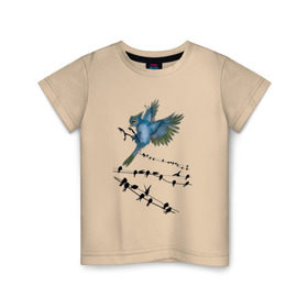 Детская футболка хлопок с принтом Ласточка в Петрозаводске, 100% хлопок | круглый вырез горловины, полуприлегающий силуэт, длина до линии бедер | Тематика изображения на принте: весна | колибри | крылья | мызыка | ноты | пение | перо | перышко | перья