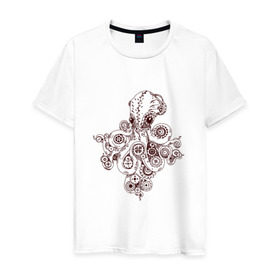 Мужская футболка хлопок с принтом Steampunk octopus в Петрозаводске, 100% хлопок | прямой крой, круглый вырез горловины, длина до линии бедер, слегка спущенное плечо. | gear | octopus | sea | steampunk | арт | осьминог | стимпанк | шестеренка