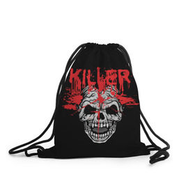 Рюкзак-мешок 3D с принтом Killer в Петрозаводске, 100% полиэстер | плотность ткани — 200 г/м2, размер — 35 х 45 см; лямки — толстые шнурки, застежка на шнуровке, без карманов и подкладки | Тематика изображения на принте: blood | dead | death | drops | fear | halloween | happy | holiday | killer | red | skull | splashes | брызги | капли | красный | кровь | мертвый | праздник | счастливый | хэллоуин | череп