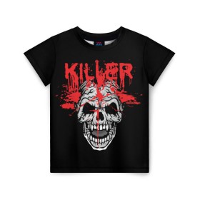 Детская футболка 3D с принтом Killer в Петрозаводске, 100% гипоаллергенный полиэфир | прямой крой, круглый вырез горловины, длина до линии бедер, чуть спущенное плечо, ткань немного тянется | Тематика изображения на принте: blood | dead | death | drops | fear | halloween | happy | holiday | killer | red | skull | splashes | брызги | капли | красный | кровь | мертвый | праздник | счастливый | хэллоуин | череп