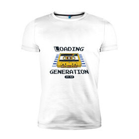Мужская футболка премиум с принтом Loading Generation в Петрозаводске, 92% хлопок, 8% лайкра | приталенный силуэт, круглый вырез ворота, длина до линии бедра, короткий рукав | 1982 | аудиокассета | загрузка | кассета | поколение