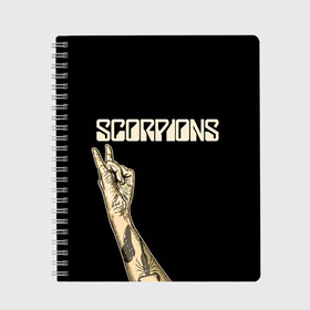 Тетрадь с принтом Scorpions в Петрозаводске, 100% бумага | 48 листов, плотность листов — 60 г/м2, плотность картонной обложки — 250 г/м2. Листы скреплены сбоку удобной пружинной спиралью. Уголки страниц и обложки скругленные. Цвет линий — светло-серый
 | Тематика изображения на принте: scorpions | клаус майне
рудольф шенкер | маттиас ябс | микки ди | павел мончивода | скорпионы