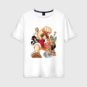 Женская футболка хлопок Oversize с принтом Ван-Пис в Петрозаводске, 100% хлопок | свободный крой, круглый ворот, спущенный рукав, длина до линии бедер
 | one piece | onepiece | большой куш | ван пис | ванпис | король пиратов | луфи | луффи