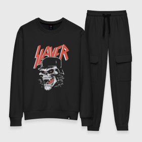 Женский костюм хлопок с принтом Slayer череп в Петрозаводске, 100% хлопок | на свитшоте круглая горловина, мягкая резинка по низу. Брюки заужены к низу, на них два вида карманов: два 