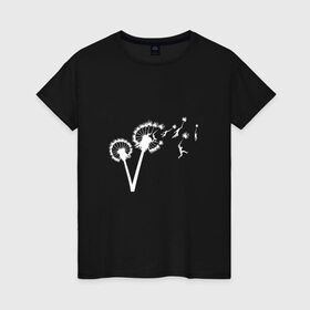 Женская футболка хлопок с принтом Одуванчик и человечки в Петрозаводске, 100% хлопок | прямой крой, круглый вырез горловины, длина до линии бедер, слегка спущенное плечо | ветер | дунул | дуть | легкий | люди | маленький | одуван | полет | прыжок | стебель | цветок | человек