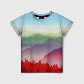 Детская футболка 3D с принтом Радужный пейзаж в Петрозаводске, 100% гипоаллергенный полиэфир | прямой крой, круглый вырез горловины, длина до линии бедер, чуть спущенное плечо, ткань немного тянется | Тематика изображения на принте: горы | деревья | дождь | лес | массив | небо | природа | рельеф | скалы | яркий
