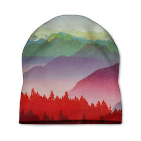 Шапка 3D с принтом Радужный пейзаж в Петрозаводске, 100% полиэстер | универсальный размер, печать по всей поверхности изделия | горы | деревья | дождь | лес | массив | небо | природа | рельеф | скалы | яркий