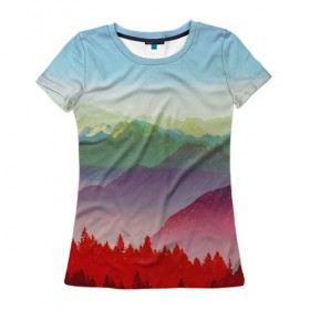 Женская футболка 3D с принтом Радужный пейзаж в Петрозаводске, 100% полиэфир ( синтетическое хлопкоподобное полотно) | прямой крой, круглый вырез горловины, длина до линии бедер | горы | деревья | дождь | лес | массив | небо | природа | рельеф | скалы | яркий