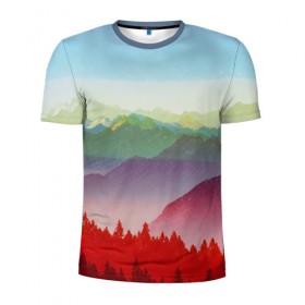 Мужская футболка 3D спортивная с принтом Радужный пейзаж в Петрозаводске, 100% полиэстер с улучшенными характеристиками | приталенный силуэт, круглая горловина, широкие плечи, сужается к линии бедра | горы | деревья | дождь | лес | массив | небо | природа | рельеф | скалы | яркий