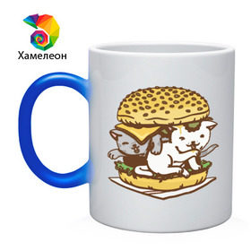 Кружка хамелеон с принтом Котбургер в Петрозаводске, керамика | меняет цвет при нагревании, емкость 330 мл | булка | бургер | гамбургер | детский | еда | животные | картинка | кот | коте | котенок | котята | кошка | милые | рисунок | смешные | сыр | чизбургер