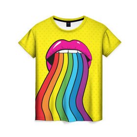 Женская футболка 3D с принтом Pop art в Петрозаводске, 100% полиэфир ( синтетическое хлопкоподобное полотно) | прямой крой, круглый вырез горловины, длина до линии бедер | fun | lip color | mouth | pop art | rainbow | reggae | spectrum | style | summer | teeth | yellow | веселье | губы | желтый | зубы | лето | поп арт | радуга | рот | спектр | стиль | цвет