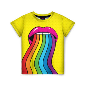 Детская футболка 3D с принтом Pop art в Петрозаводске, 100% гипоаллергенный полиэфир | прямой крой, круглый вырез горловины, длина до линии бедер, чуть спущенное плечо, ткань немного тянется | fun | lip color | mouth | pop art | rainbow | reggae | spectrum | style | summer | teeth | yellow | веселье | губы | желтый | зубы | лето | поп арт | радуга | рот | спектр | стиль | цвет