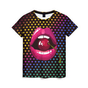 Женская футболка 3D с принтом Pop art в Петрозаводске, 100% полиэфир ( синтетическое хлопкоподобное полотно) | прямой крой, круглый вырез горловины, длина до линии бедер | cherry | colorful | fashion | funny | gesture | lips | lipstick | makeup | mouth | pop art | rainbow | style | веселый | вишенка | вишня | губы | жест | зубы | клубный | любовь | макияж | мода | помада | поп арт | прикольный | радуга | рот | стиль | страс
