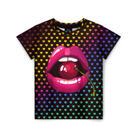 Детская футболка 3D с принтом Pop art в Петрозаводске, 100% гипоаллергенный полиэфир | прямой крой, круглый вырез горловины, длина до линии бедер, чуть спущенное плечо, ткань немного тянется | cherry | colorful | fashion | funny | gesture | lips | lipstick | makeup | mouth | pop art | rainbow | style | веселый | вишенка | вишня | губы | жест | зубы | клубный | любовь | макияж | мода | помада | поп арт | прикольный | радуга | рот | стиль | страс