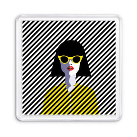 Магнит 55*55 с принтом Pop art girl в Петрозаводске, Пластик | Размер: 65*65 мм; Размер печати: 55*55 мм | abstraction | bright | color | fashion | hair | lines | lips | pop art | rack | red | style | yellow | абстракция | губы | желтый | каре | красный | линии | мода | очки | поп арт | прическа | стиль | цвет | яркий