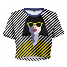 Женская футболка 3D укороченная с принтом Pop art girl в Петрозаводске, 100% полиэстер | круглая горловина, длина футболки до линии талии, рукава с отворотами | abstraction | bright | color | fashion | hair | lines | lips | pop art | rack | red | style | yellow | абстракция | губы | желтый | каре | красный | линии | мода | очки | поп арт | прическа | стиль | цвет | яркий