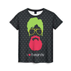 Женская футболка 3D с принтом I like beards в Петрозаводске, 100% полиэфир ( синтетическое хлопкоподобное полотно) | прямой крой, круглый вырез горловины, длина до линии бедер | acid | background | beard | bright | club | color | face | fashion | head | hipster | male | mustache | p | pop art | style | борода | голова | горох | кислотный | клубный | лицо | мода | мужчина | очки | поп арт | стиль | усы | фон | хипстер | 