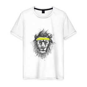 Мужская футболка хлопок с принтом Лев В Очках в Петрозаводске, 100% хлопок | прямой крой, круглый вырез горловины, длина до линии бедер, слегка спущенное плечо. | Тематика изображения на принте: animal | lion | фитнес