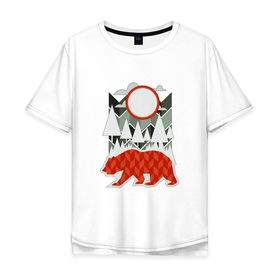 Мужская футболка хлопок Oversize с принтом Осторожно, медведь в Петрозаводске, 100% хлопок | свободный крой, круглый ворот, “спинка” длиннее передней части | геометрические | геометрия | деревья | дорожный | животное | зверь | знак | медведь | мишка | облака | рисунок | треугольники | фигуры