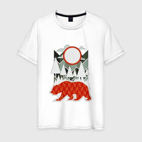 Мужская футболка хлопок с принтом Осторожно, медведь в Петрозаводске, 100% хлопок | прямой крой, круглый вырез горловины, длина до линии бедер, слегка спущенное плечо. | геометрические | геометрия | деревья | дорожный | животное | зверь | знак | медведь | мишка | облака | рисунок | треугольники | фигуры