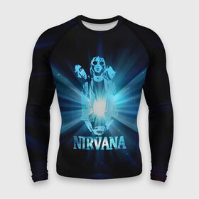 Мужской рашгард 3D с принтом Группа Nirvana в Петрозаводске,  |  | kurt cobain | nirvana | вечная память | гитара | гранж | кумир | курт кобейн | лучи | микрофон | музыкант | надпись | нирвана | певец | рок | свет