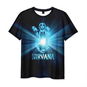 Мужская футболка 3D с принтом Группа Nirvana в Петрозаводске, 100% полиэфир | прямой крой, круглый вырез горловины, длина до линии бедер | kurt cobain | nirvana | вечная память | гитара | гранж | кумир | курт кобейн | лучи | микрофон | музыкант | надпись | нирвана | певец | рок | свет