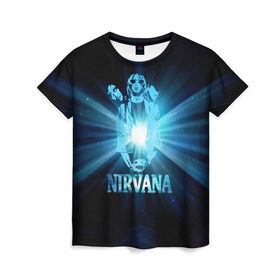 Женская футболка 3D с принтом Группа Nirvana в Петрозаводске, 100% полиэфир ( синтетическое хлопкоподобное полотно) | прямой крой, круглый вырез горловины, длина до линии бедер | kurt cobain | nirvana | вечная память | гитара | гранж | кумир | курт кобейн | лучи | микрофон | музыкант | надпись | нирвана | певец | рок | свет
